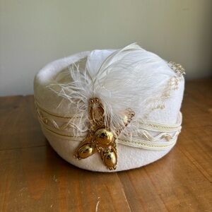 Vintage Mr. D' Wool Felt Bowler Hat-Feathers/Gold Medallion/Trim-Ladies OS-White